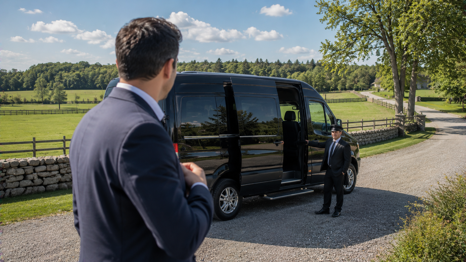 Chauffeur assisting a traveller beside a luxury airport car in Richmond Hill, Ontario