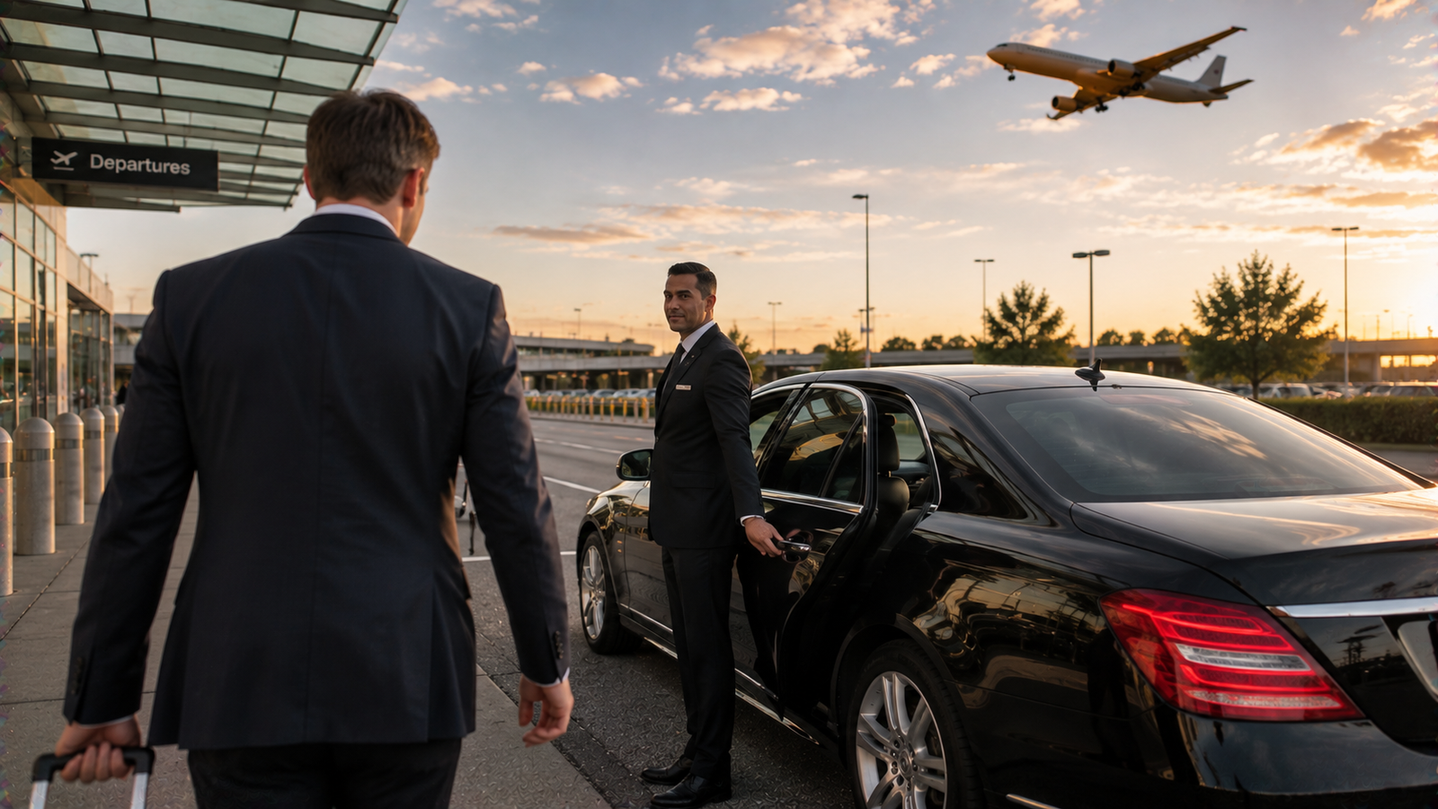 Black limousine parked on a Rockford, Ontario town street for airport transfer