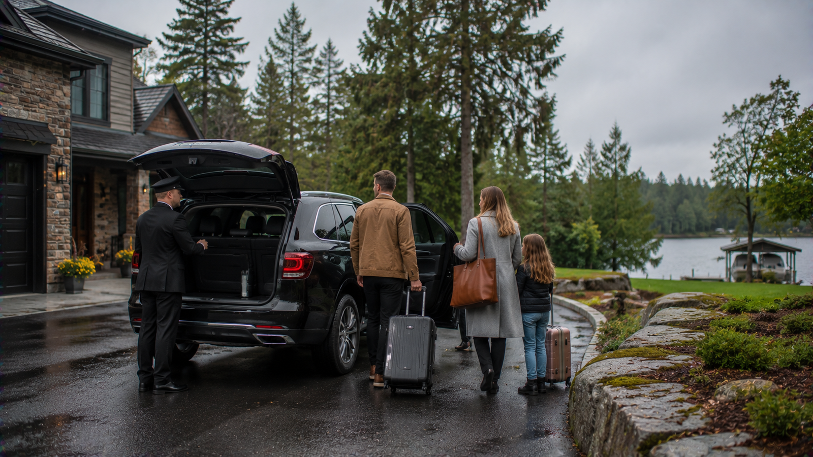 Luxury airport transfer vehicle arriving at a Rosseau, Ontario residential pickup