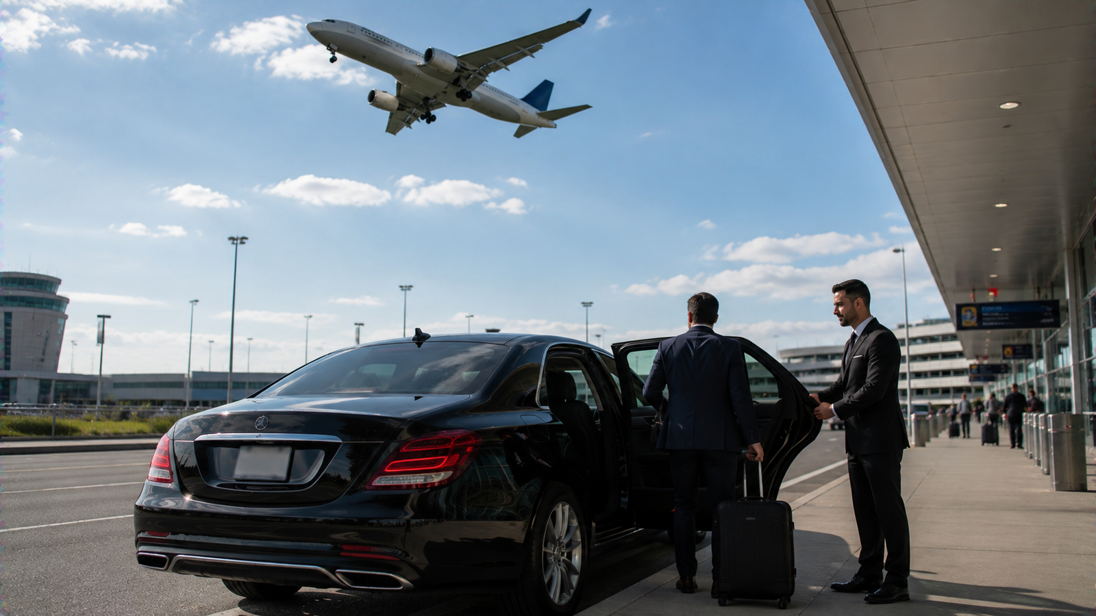 Black luxury airport limo sedan outside a modern terminal in Shelburne, Ontario