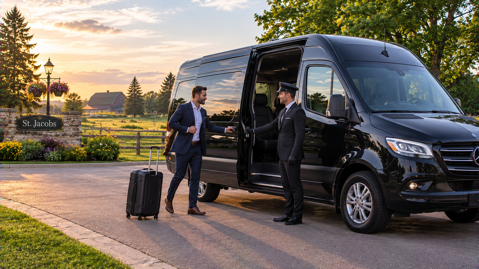 Chauffeur assisting a traveller beside a luxury airport car in St jacobs, Ontario