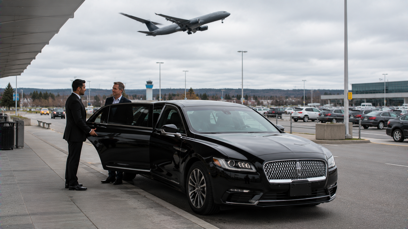 Black limousine parked on a Stayner, Ontario town street for airport transfer