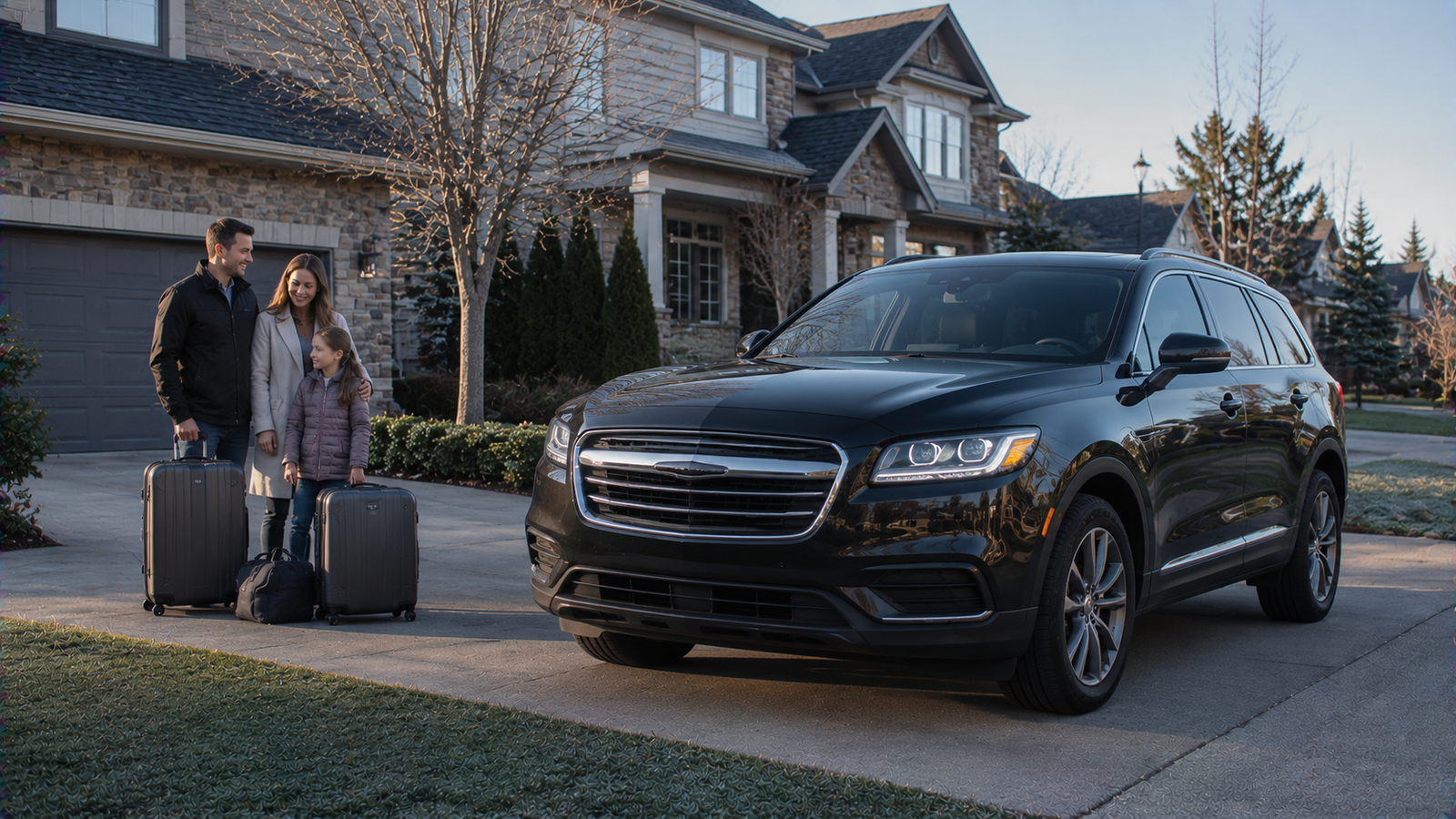 Luxury airport transfer vehicle arriving at a Stoney Creek, Ontario residential pickup