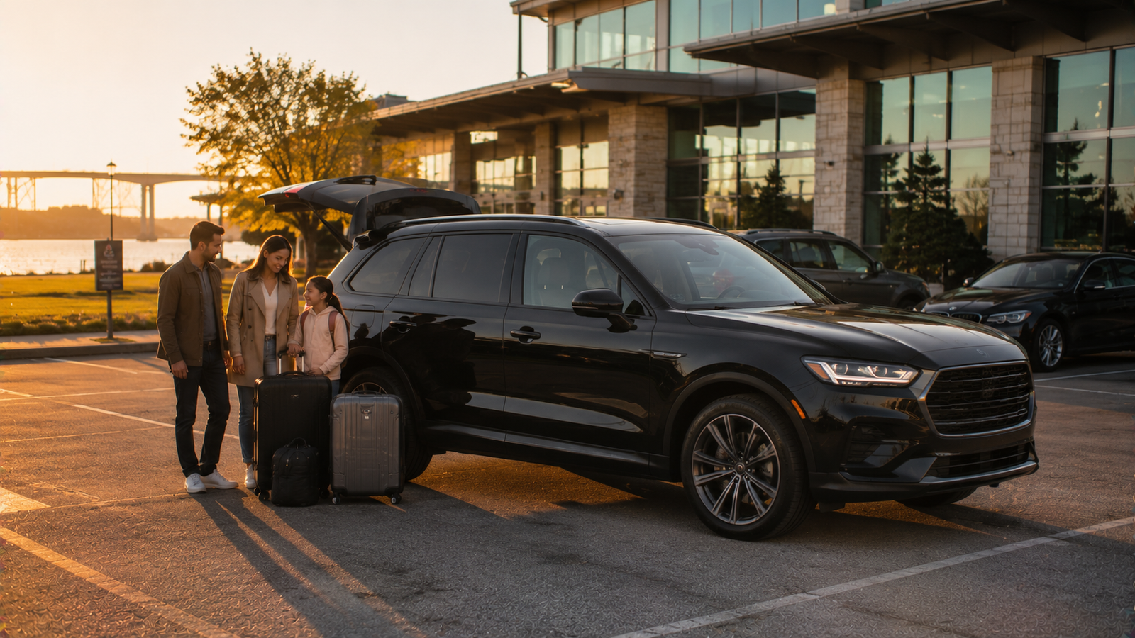 Luxury airport car travelling through the Thousand Islands, Ontario countryside