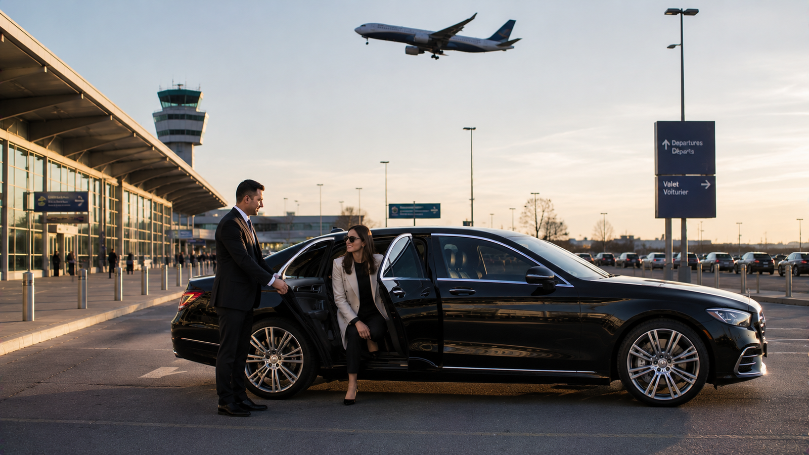 Black luxury airport limo sedan outside a modern terminal in Toronto, Ontario