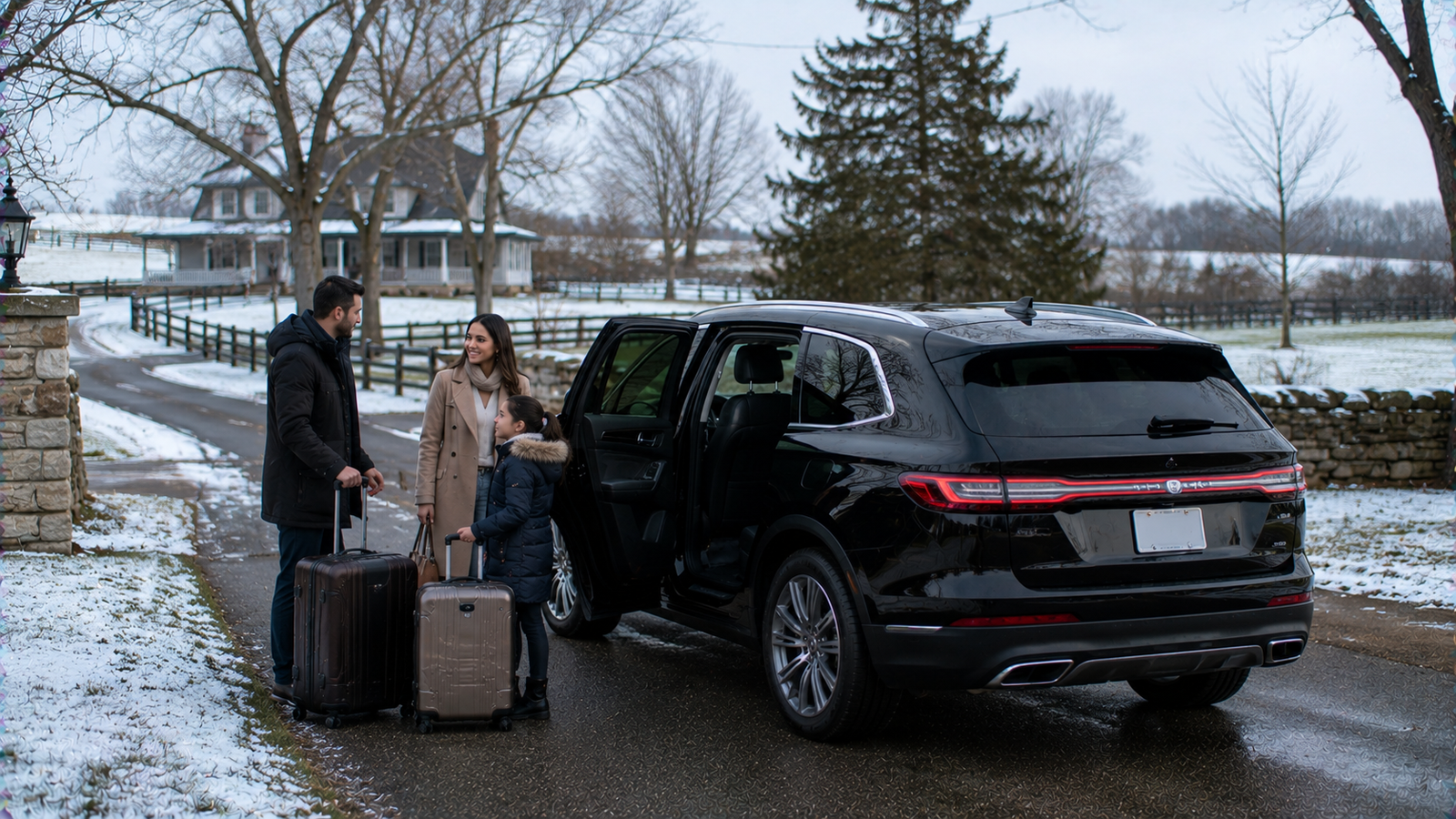 Professional chauffeur opening a luxury SUV for a traveller in Tottenham, Ontario