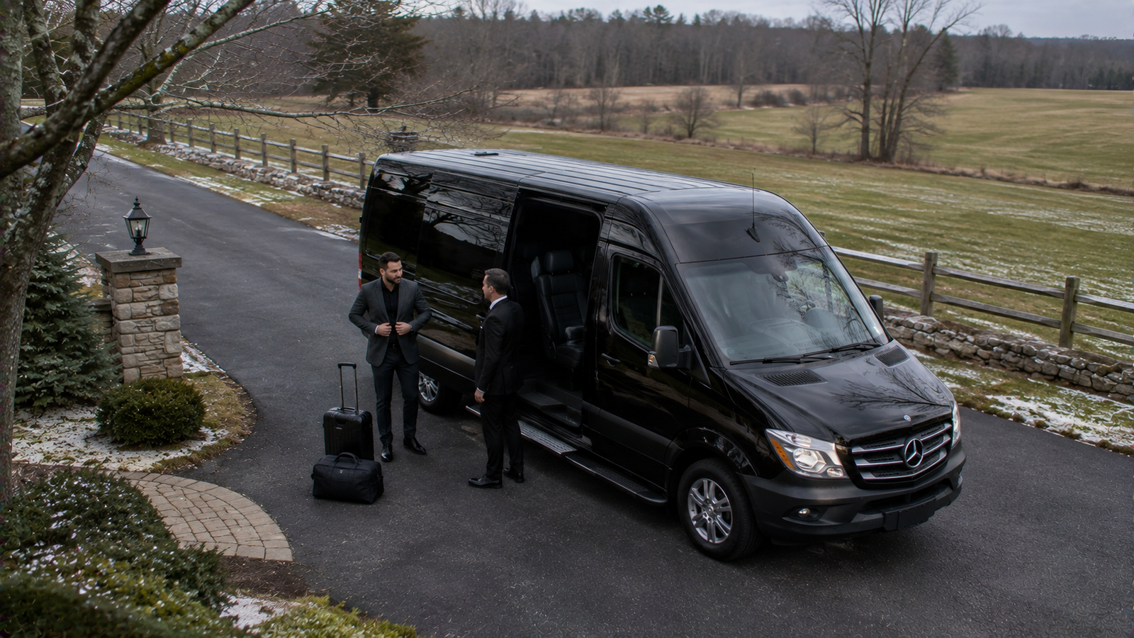 Chauffeur assisting a traveller beside a luxury airport car in Wasaga, Ontario