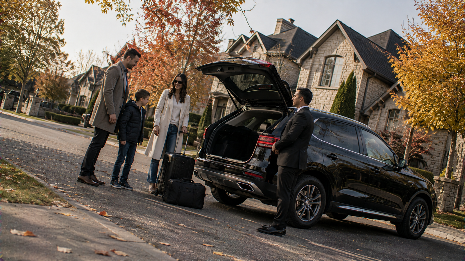 Luxury airport transfer vehicle arriving at a Waterloo, Ontario residential pickup