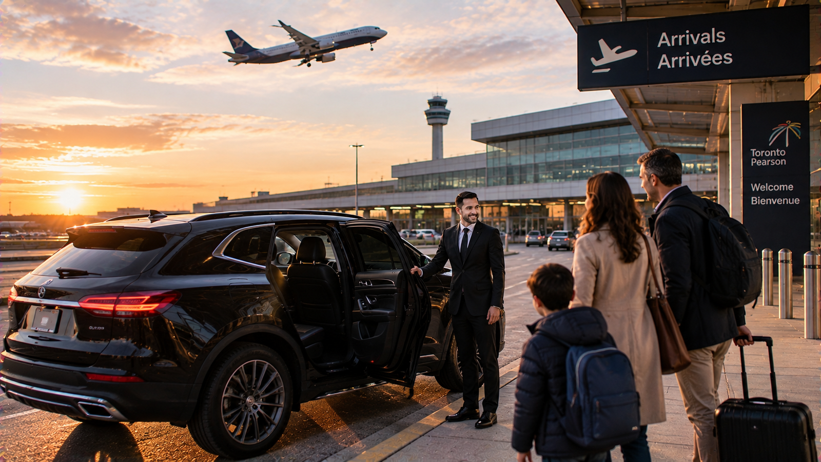 Professional chauffeur opening a luxury SUV for a traveller in Winona, Ontario